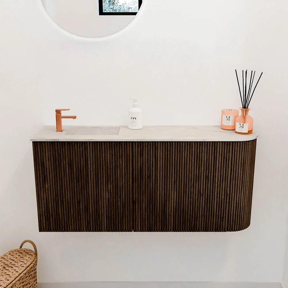 Mondiaz Joya DLux 90cm toiletmeubel ronding rechts walnut met wastafel faye links 1 kraangat ostra