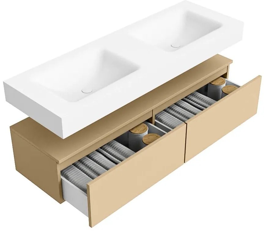 Zaro Alan badmeubel 140cm sand 2 lades met vrijhangende wastafel cloud dubbel 2 kraangaten talc
