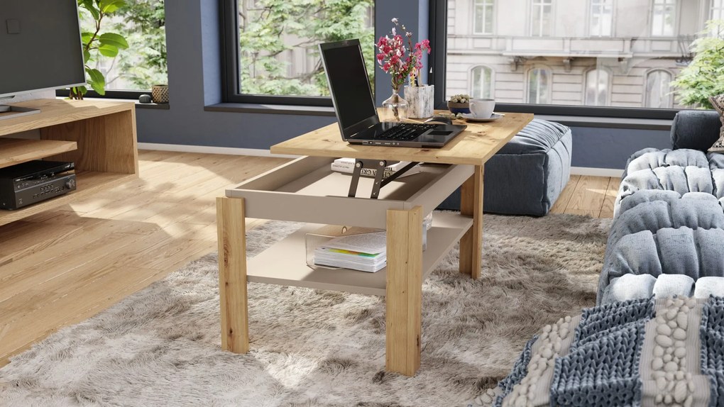 ASTI-P eiken artisan / beige - moderne salontafel met hefblad
