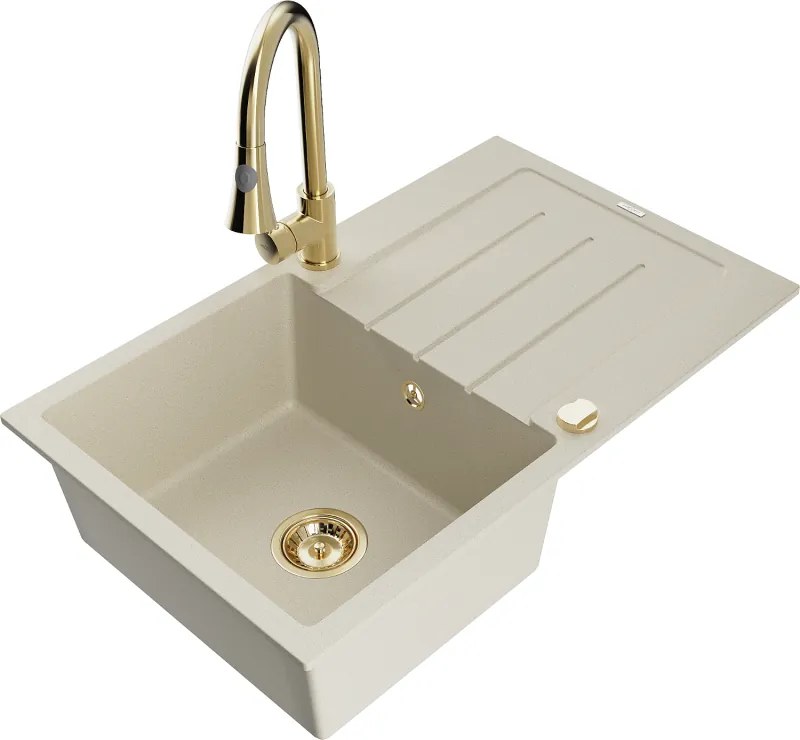 Mexen Bruno granieten gootsteen 1-komorige met afdruiprek en keukenmengkraan Elia, beige - 6513-69-670101-50