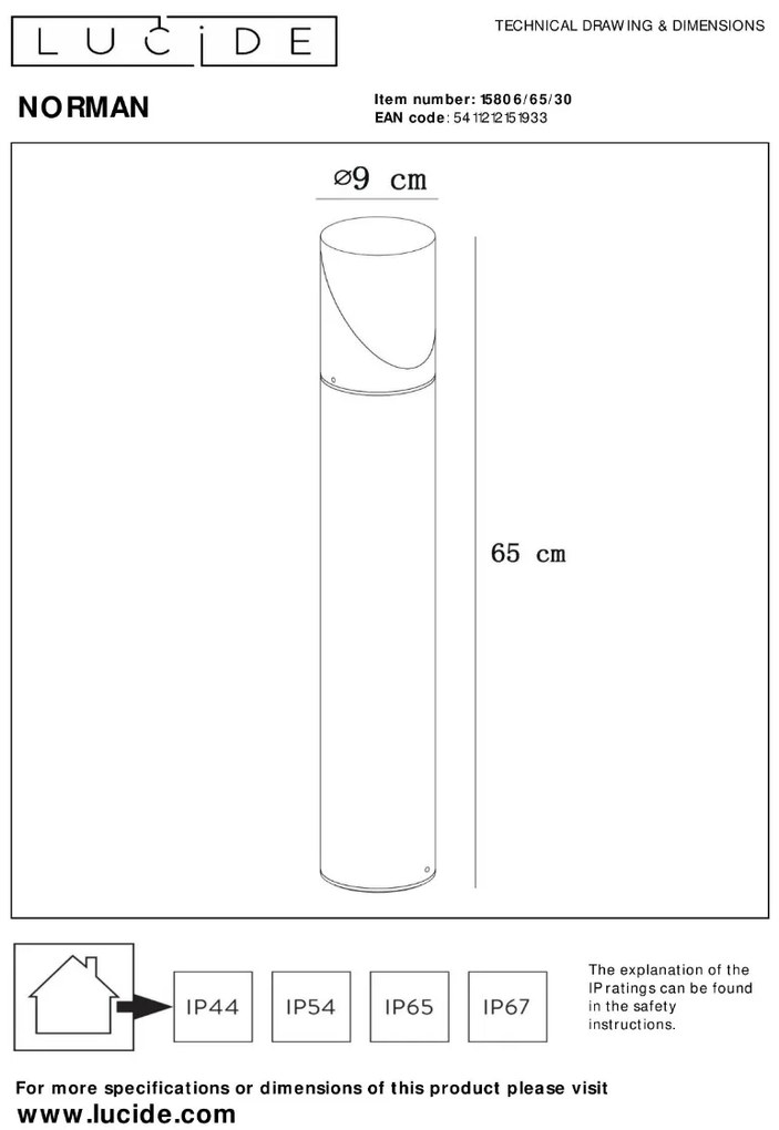 Lucide Norman sokkellamp 15W 65cm zwart