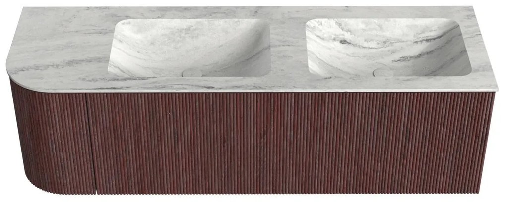 Mondiaz Kurve-dlux 145cm badmeubel ronding links ruby met 1 lade en deur en wastafel leaf dubbel/rechts zonder kraangat opalo