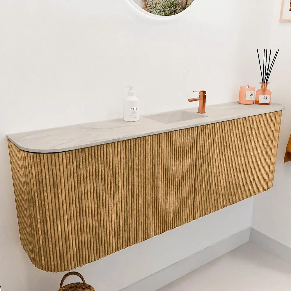 Mondiaz Joya DLux 125cm toiletmeubel ronding links/rechts oak met wastafel faye midden 1 kraangat ostra