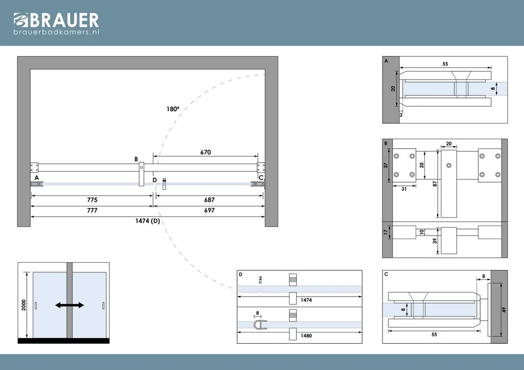 Brauer Void profielloze nisdeur 150cm met draaideur 70cm aan muur zwart mat