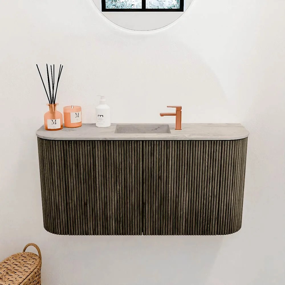 Mondiaz Joya DLux 85cm toiletmeubel ronding links/rechts shadow met wastafel faye midden 1 kraangat glace