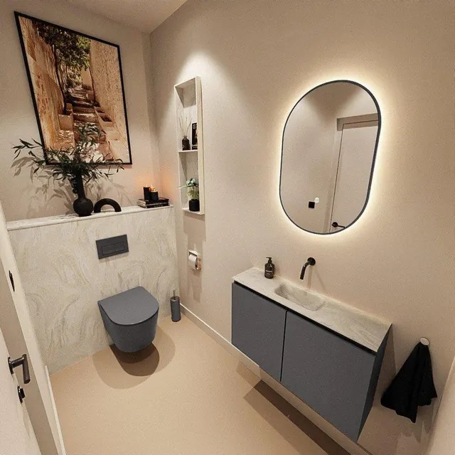 MONDIAZ TURE-DLUX 80cm toiletmeubel Dark Grey. EDEN wastafel Ostra positie midden. Zonder kraangat. TUREDX80DGRM0OST