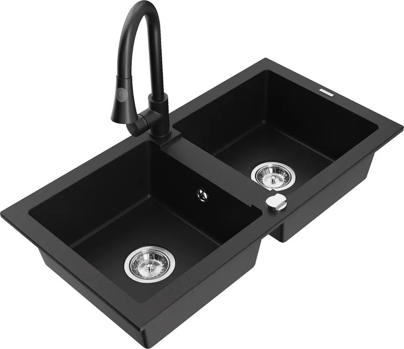 Mexen Mario granieten gootsteen met 2 kommen en Elia keukenmengkraan, zwart - 6504-77-670101-70