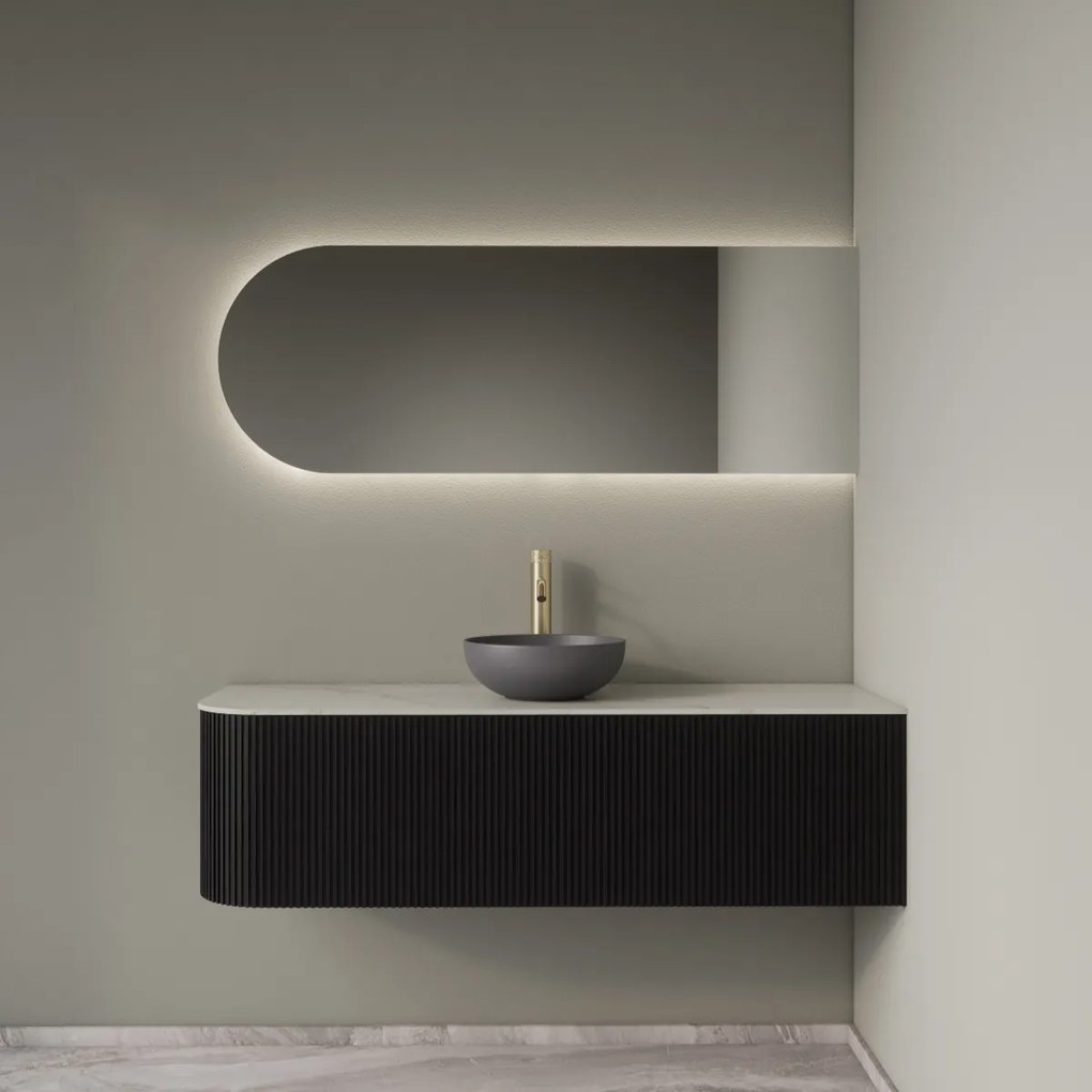 Gliss Design Alluro badmeubel ribbelfront met ronding links 140cm black en wit marmer toppaneel
