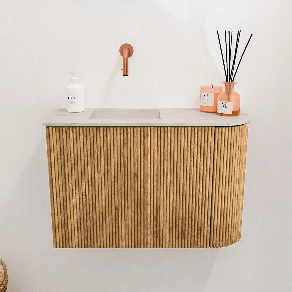 Mondiaz Joya DLux 60cm toiletmeubel ronding rechts oak met wastafel faye links zonder kraangat ostra
