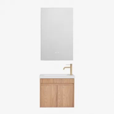 Narek Zwevend Houten Badkamermeubelset Met Geïntegreerde Wastafel Ash Brown & Geborsteld Goud ↑20 Cm Met Aftapkraan Zonder Overloop Orveta & Rectangul