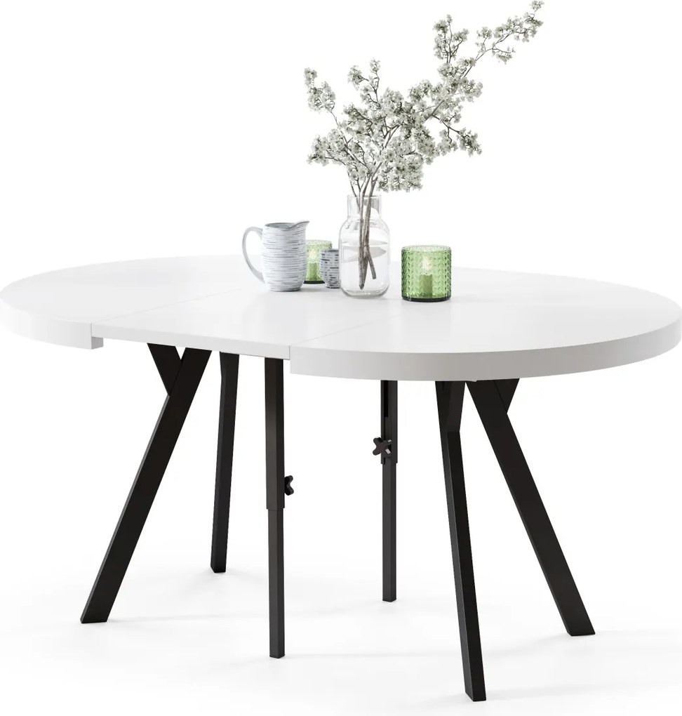 EXPANSO Wit mat/zwarte poten - GROTE RONDE TAFEL Ø110 UITBREIDBAAR TOT 310 cm met Y-POTEN LOFT/INDUSTRIAL