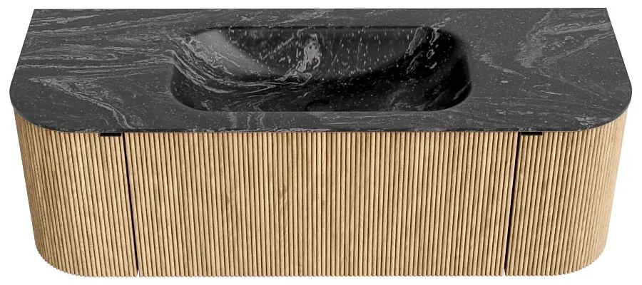 Mondiaz Kurve-dlux 130cm badmeubel ronding links/rechts oak met 1 lade en 2 deuren en wastafel big small midden 1 kraangat lava