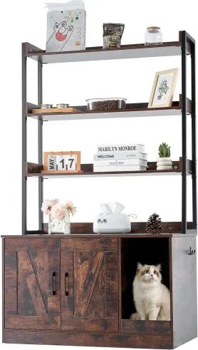 VEVOR Kattenbakbehuizing, Verborgen Kattenbakmeubel met 3 Planken, Houten Kattenbak voor Binnen, Grote Kattenhuiskast, Verborgen, Past Op De Meeste Kattenbakken, 85,5 Cm L x 50,5 Cm B x 147,5 Cm H, Donkerbruin