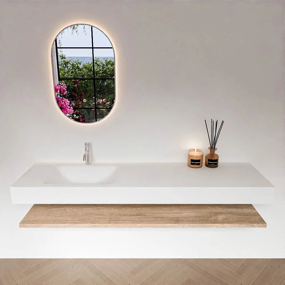 Zaro Alan badmeubel 170cm met planchet washed oak en vrijhangende wastafel cloud links 1 kraangat talc