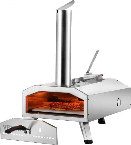 VEVOR Draagbare Buitenoven, 12-Inch Pizzaoven, Pellet & Chips & Houtskool Tri-Fuel, RVS Pizzagrill, Inclusief Pizzasteen, Waterdichte Hoes, Schep, Ideaal voor Camping & Tuin, Zilver