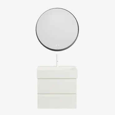 Badkamermeubelset Van Hout En Essenhoutfineer Met Geïntegreerde Wastafel Ona Wit & Round Led And Antifog Zwart Ø80 Cm Kimacs & - Sklum