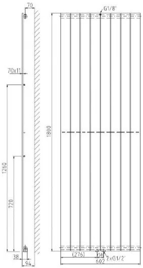 Plieger Cavallino Retto designradiator verticaal enkel middenaansluiting 1800x602mm 1205W zwart grafiet (black graphite)