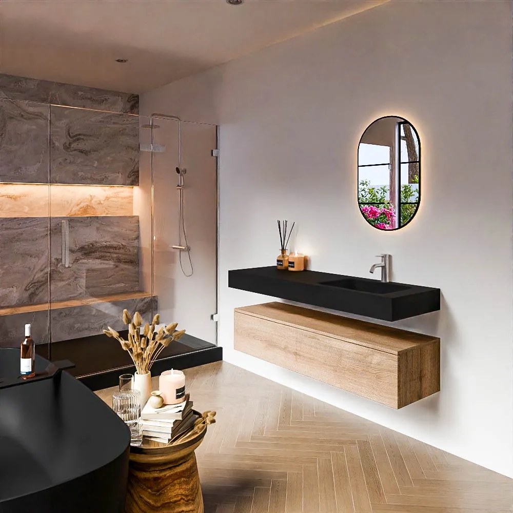 Zaro Alan badmeubel 140cm washed oak 1 lade met vrijhangende wastafel cloud rechts 1 kraangat urban
