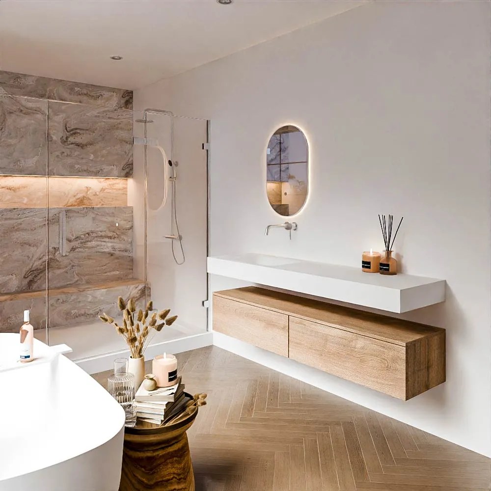 Zaro Alan badmeubel 170cm washed oak 2 lades met vrijhangende wastafel cloud links zonder kraangat talc