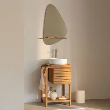 Bradley Teakhouten Badkamermeubelset Rond Keramiek Wit Ø40 Cm Lenka & Onregelmatig Met Houten Plank 55x85 Cm Kai & Geborsteld Goudkleurig - Sklum