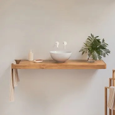 Conjunto Van Meubel 130x45 Cm Hangend In Teakhout Neill Teakhout & Rond Wit Keramiek Ø30 Cm Calgari & Spiegelloze & Wit Ingebed Met - Sklum