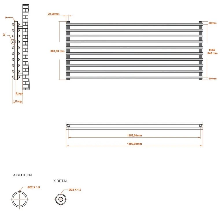 Eastbrook Murano radiator 140x60cm 1596W antraciet