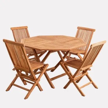 Set Van Achthoekige Tafel (ø120 Cm) En 4 Opklapbare Tuinstoelen In Pira Teakhout Teakhout - Sklum