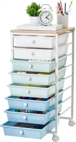 VEVOR rolwagen met 8 laden, rolcontainer 400x330x715mm, groen, blauw, wit, metalen frame, houten tafelblad, handgrepen, zwenkwielen met 2 remmen, mobiele ladewagen voor kantoor, werkplaats, klaslokaal