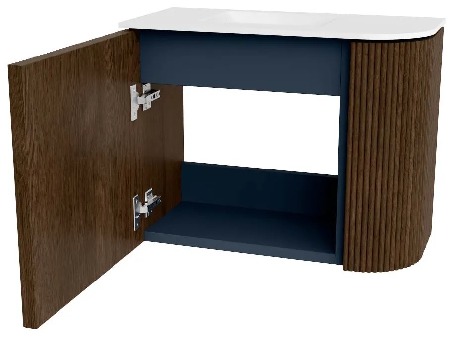 Mondiaz Joya 50cm toiletmeubel ronding rechts walnut met wastafel faye links zonder kraangat talc
