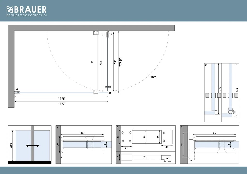 Brauer Void Carving profielloze douchecabine 80x120cm gunmetal geborsteld PVD