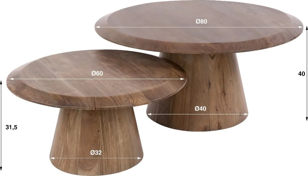 Salontafelset Rond Acacia Bruin - 80 X 80cm.