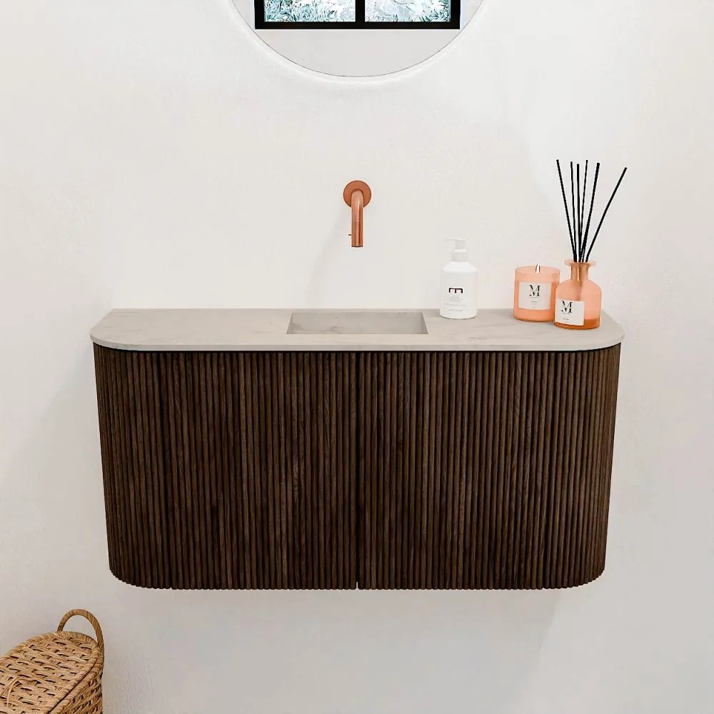 Mondiaz Joya DLux 85cm toiletmeubel ronding links/rechts walnut met wastafel faye midden zonder kraangat opalo