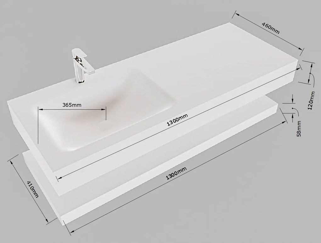 Mondiaz Alan DLux planchet 130cm met wastafel links 1 kraangat opalo