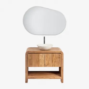 Vacry Houten Badkamermeubelset Acacia Bruin & Rond Cement Wit Ø40 Cm Zavion & Ovaal Led En Anticondens 100x80 Cm Riben & Mat Zwart ↑30 Cm Met Afvoerkr
