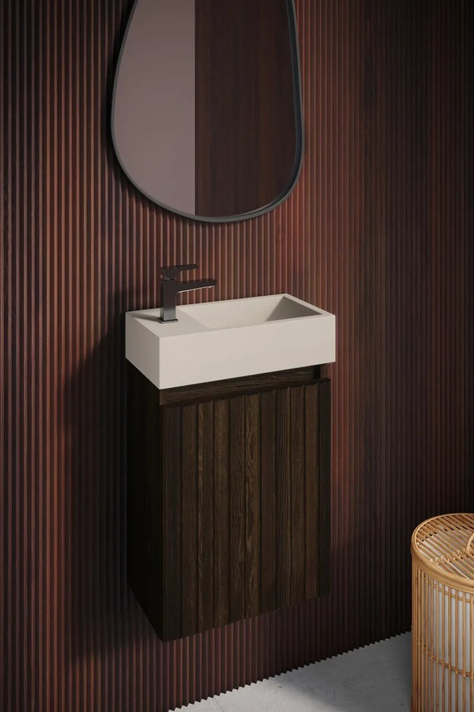 Fontana Crest toiletmeubel ribbelfront kasteel bruin 40x22cm met beige fontein links