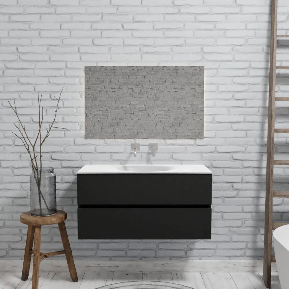 Zaro Sevilla Solid Surface badmeubel 100cm mat zwart geen kraangat met 2 lades spoelbak midden