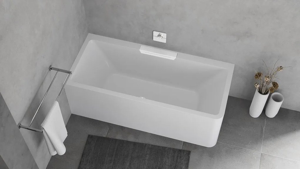 Polysan Monolith Cascata links half vrijstaand bad met witte waterval uitloop 180x80cm