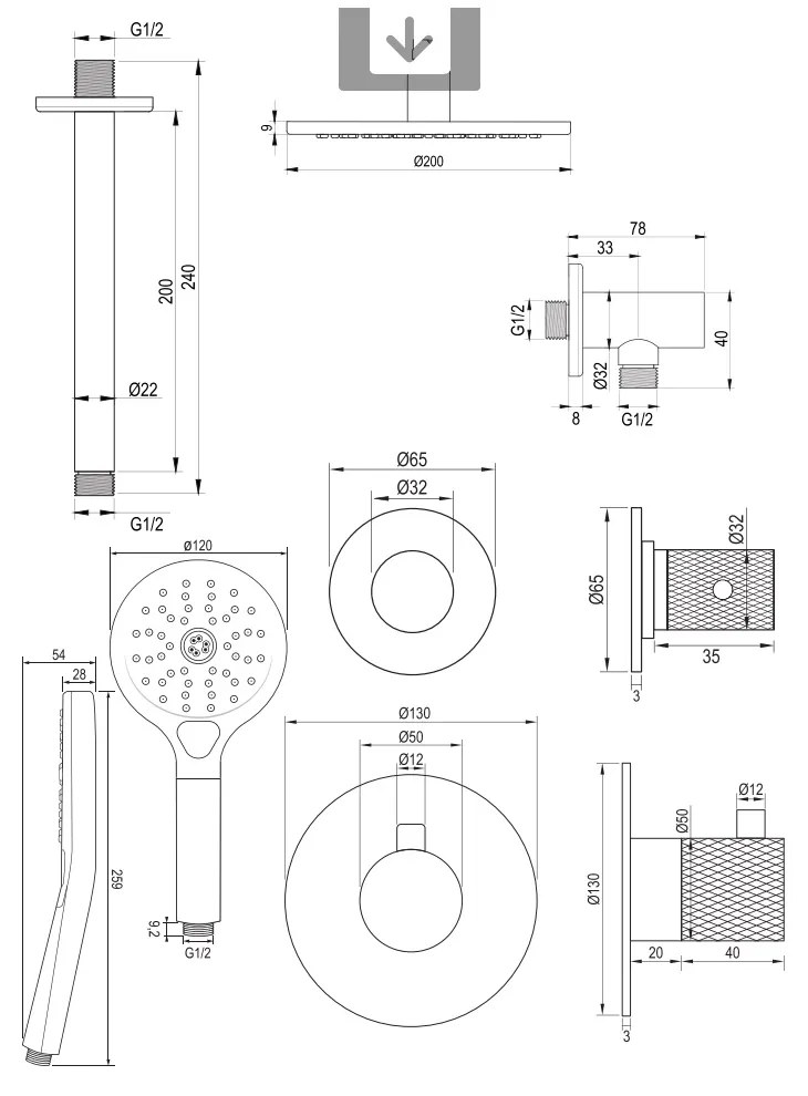 Brauer Brushed Carving complete inbouw regendouche set 11 met 20cm douchekop, plafondarm en 3 standen handdouche RVS geborsteld PVD