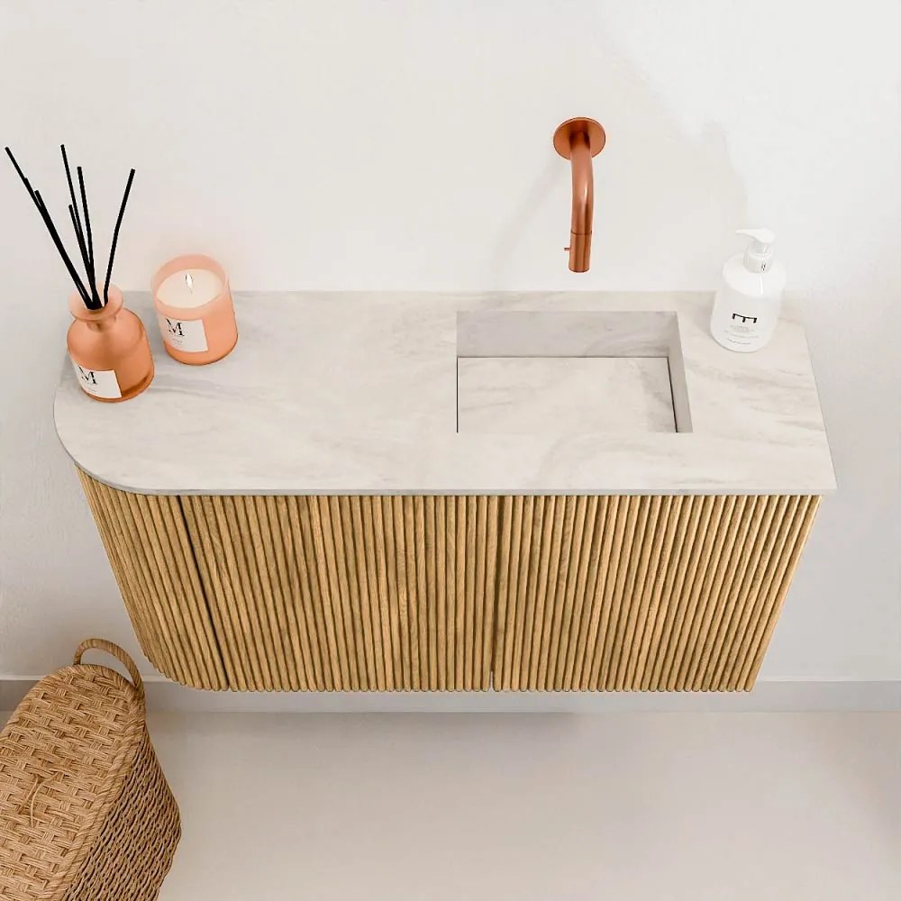 Mondiaz Joya DLux 70cm toiletmeubel ronding links oak met wastafel faye rechts zonder kraangat ostra