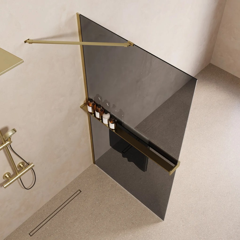 Saniclear Oblique inloopdouche 80cm met handdoekhouder en rookglas geborsteld messing - mat goud