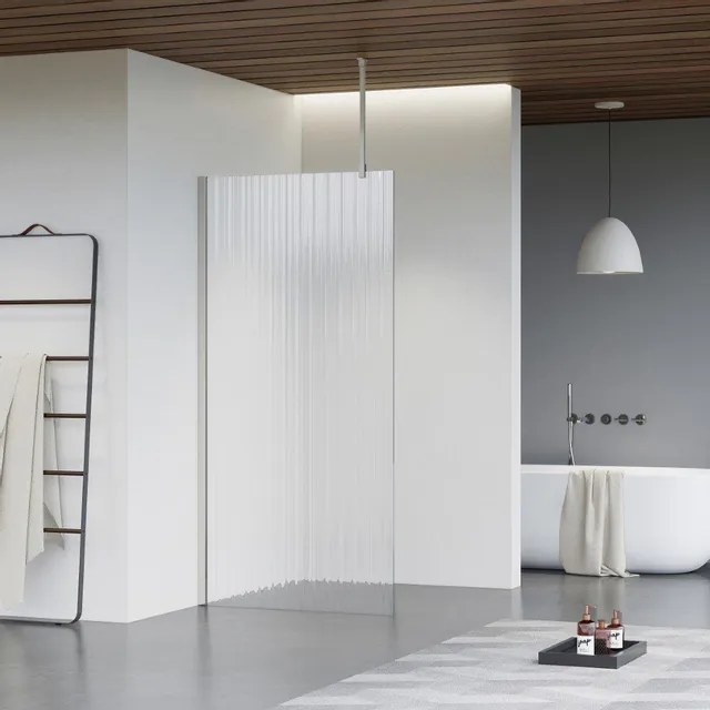 Fortifura Galeria inloopdouche - 40x200cm - ribbelglas - plafondarm - Geborsteld RVS PVD (RVS) SW797948/SW797908/SW804544
