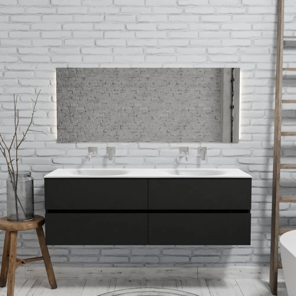 Zaro Sevilla Solid Surface badmeubel 150cm mat zwart geen kraangaten met 4 lades dubbele spoelbak