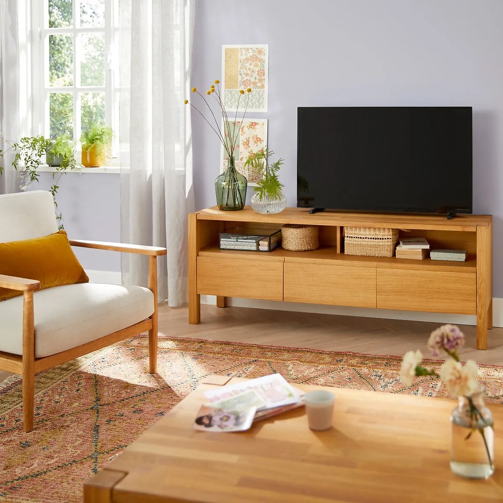 Eiken en eikenfineer TV-meubel 160 cm, ADÉLITA