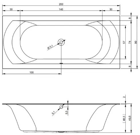 Riho Linares half vrijstaand bad 200x90cm midden wit glans