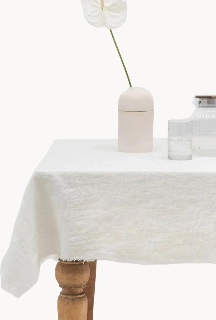 Handgemaakt linnen tafelkleed White met franjes