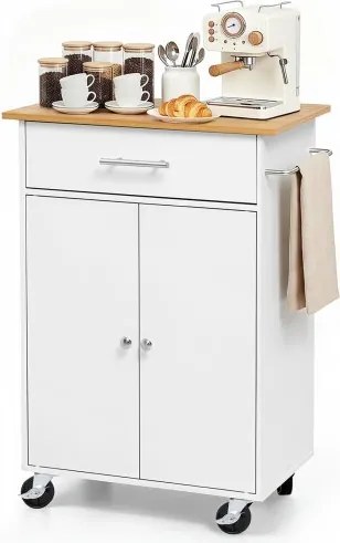 VEVOR Keukeneilandtrolley met 1 lade en 2 deuren, wit, verrijdbaar keukeneiland, keukentrolley met kast, handdoekrek, tafelblad (600 x 380 x 15 mm) en haken voor eetkamer, keuken, mobiele serveerwagen