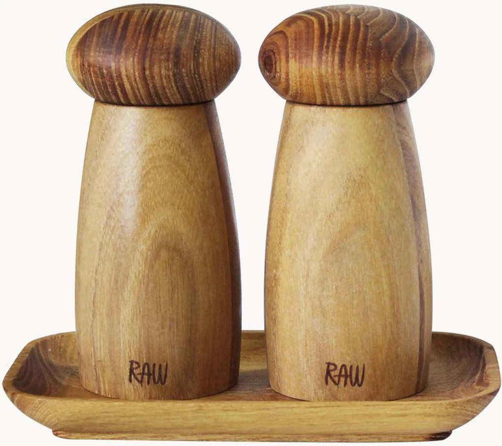 Kruidenmolen set RAW van keramiek en teakhout met dienblad, 3-delig