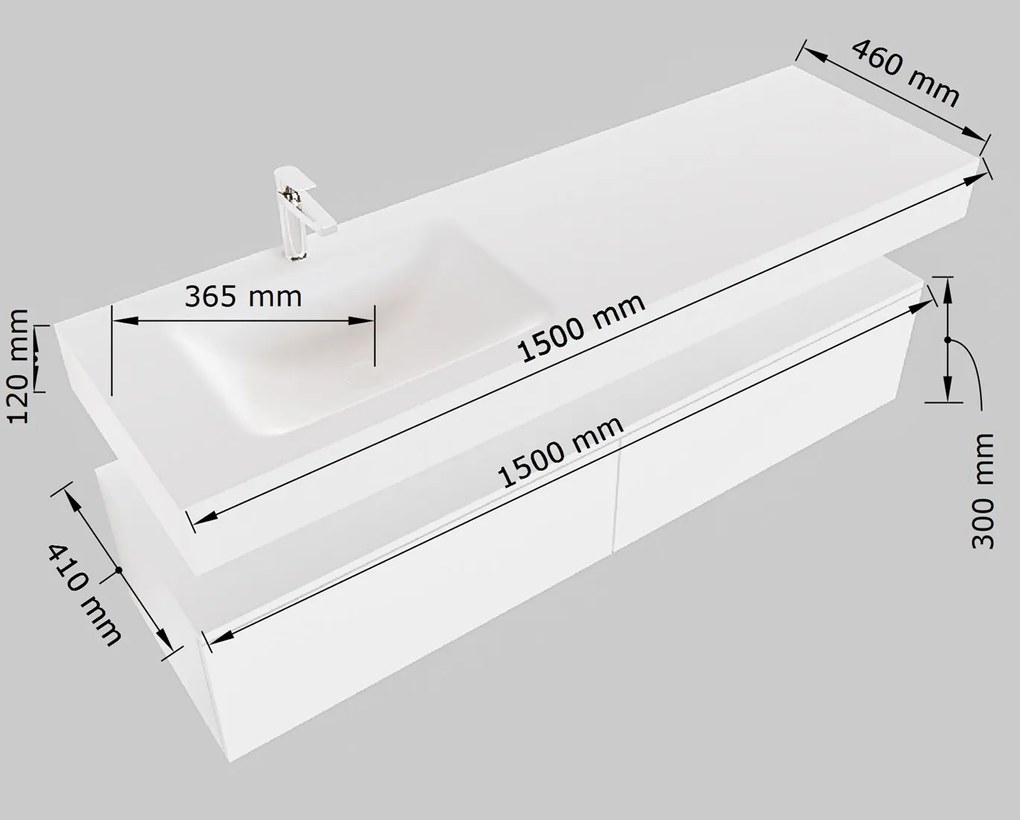 Mondiaz Alan DLux badmeubel 150cm linen 2 lades met wastafel opalo links zonder kraangat