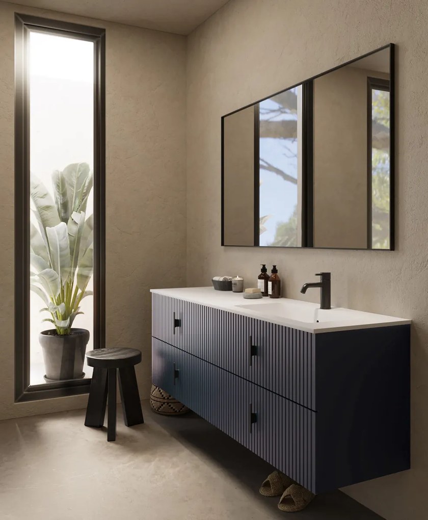 Muebles Avila badmeubel ribbelfront 160cm marine blauw met wastafel rechts met kraangat