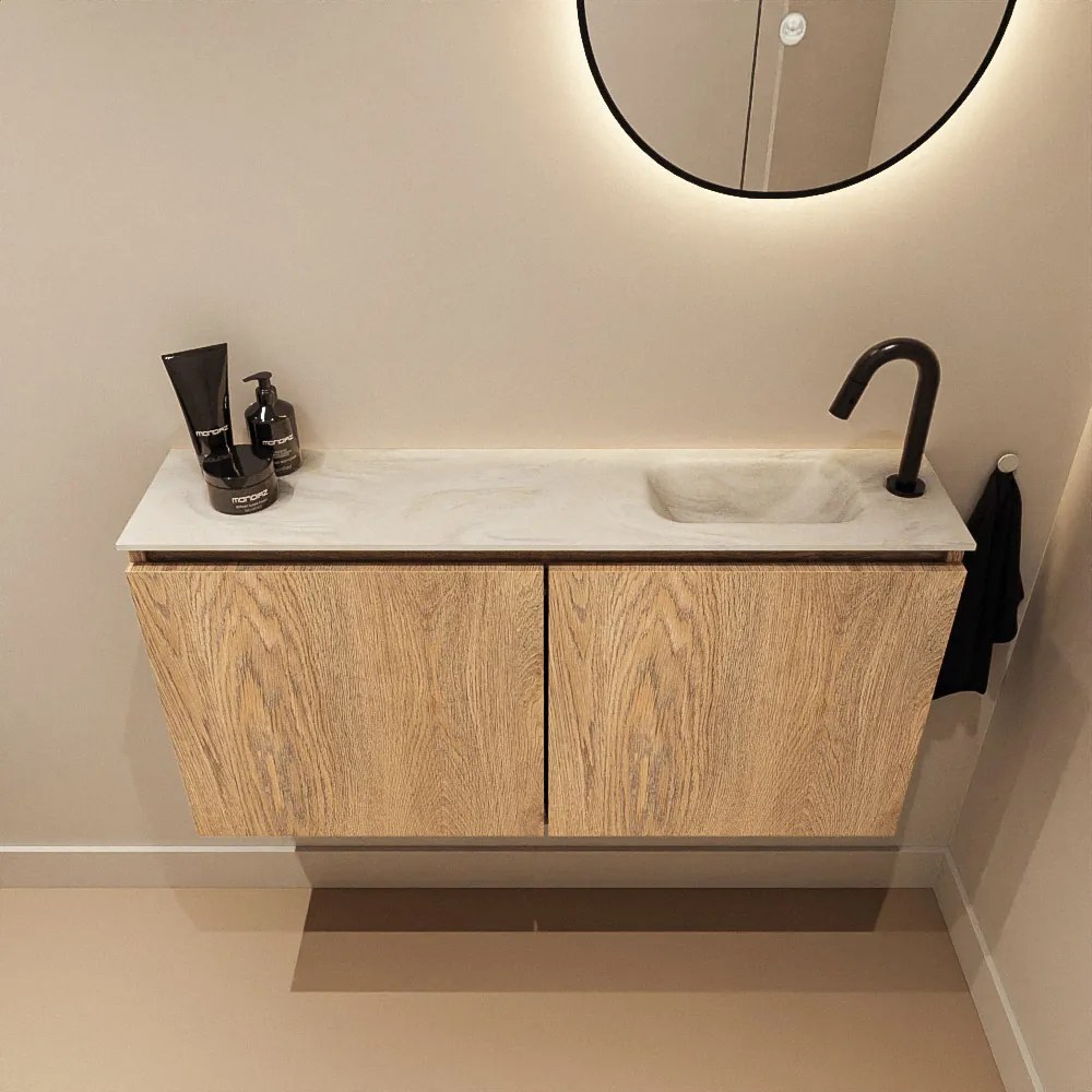 Mondiaz Ture DLux toiletmeubel 100cm washed oak met wastafel ostra rechts met kraangat